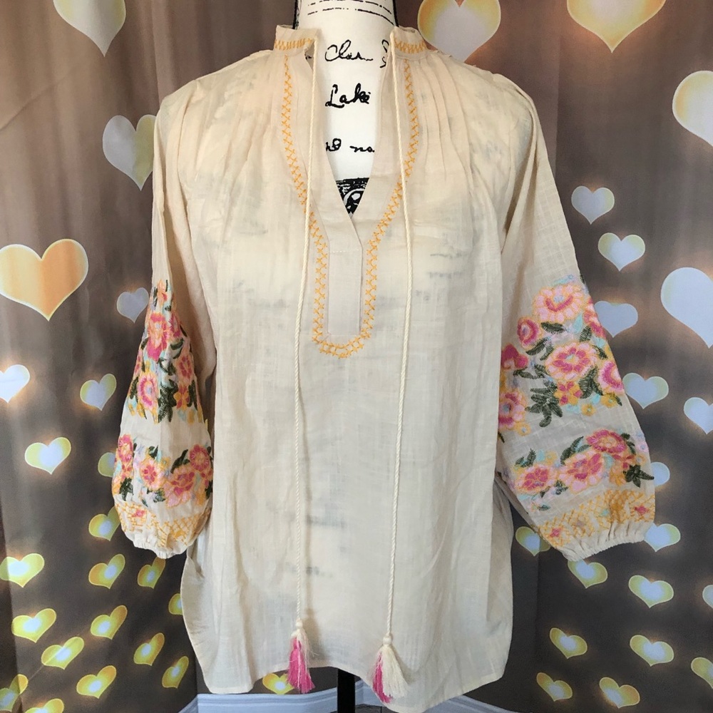 Bohemian blouse floral embroidery top linen cotton tassel cream lantern sleeve - Picture 6 of 7